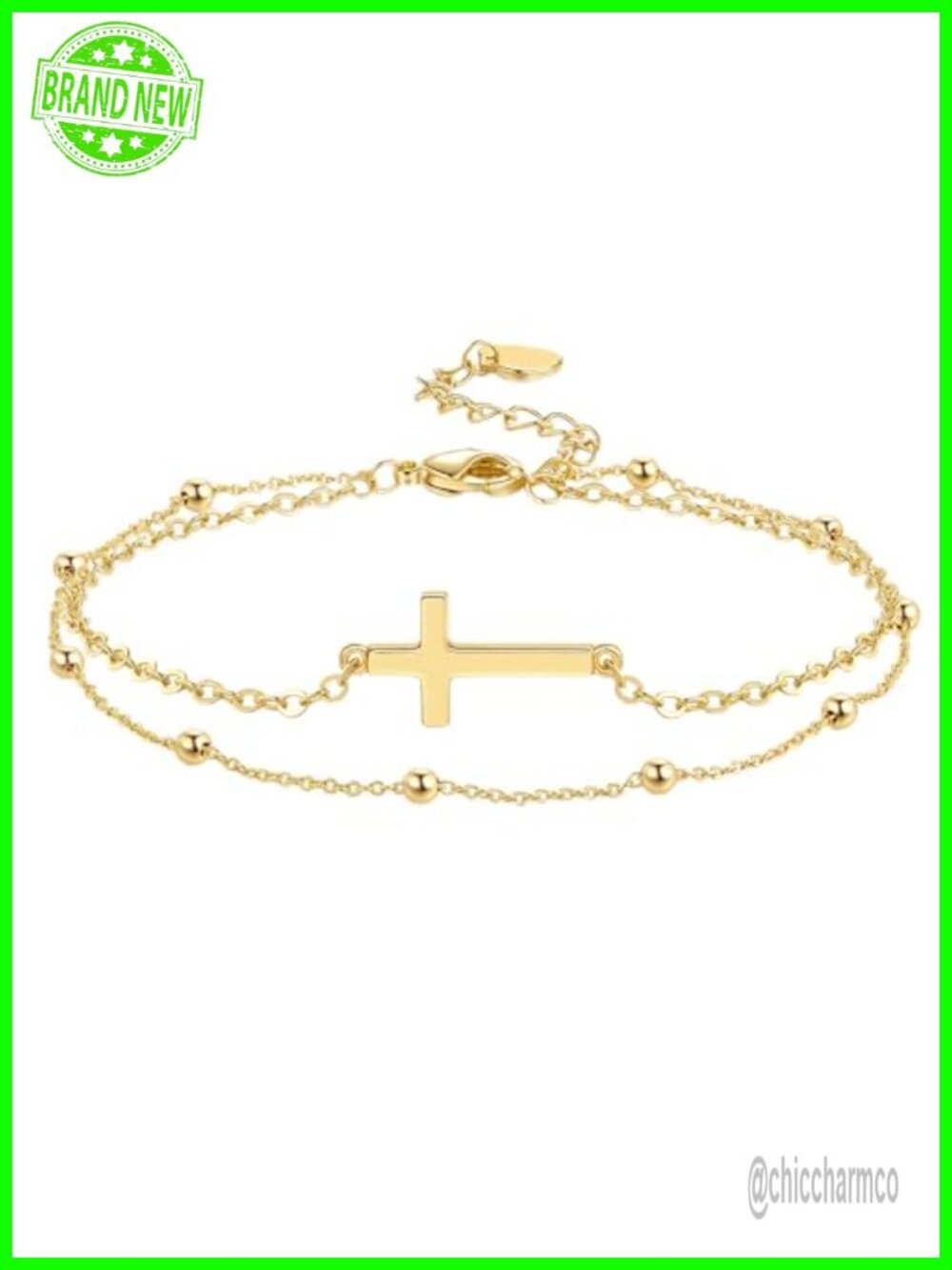 14K Gold Plated Cross Bracelet Double Chain Layered Look